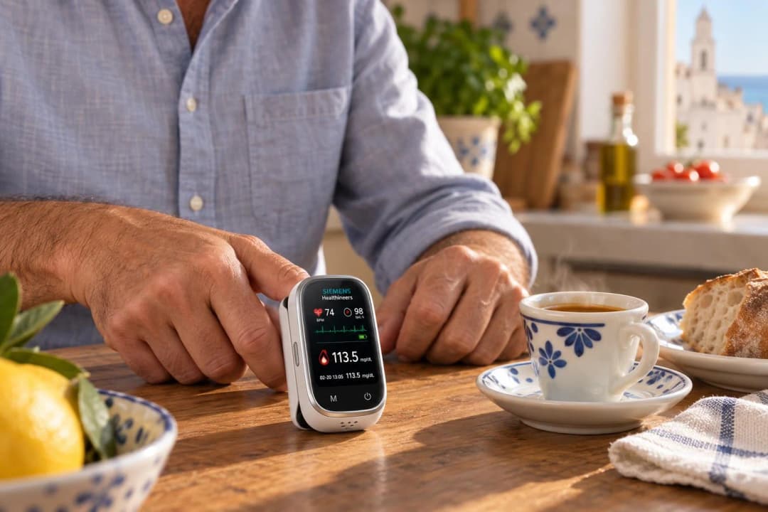 Un uomo appoggia il dito sul glucometro senza aghi durante la colazione, schermo con risultato 113,5 mg/dL