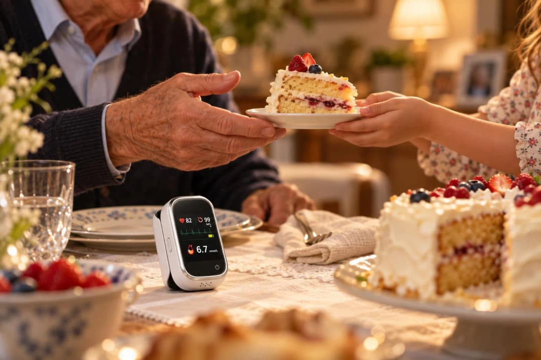Un nonno accetta una fetta di torta dalla nipote, con il glucometro senza aghi accanto al piatto