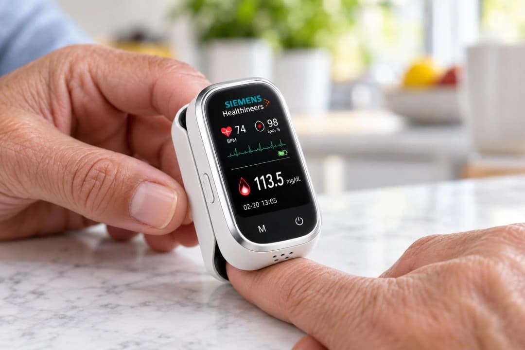 Dito appoggiato sul dispositivo Siemens Healthineers: lo schermo mostra il risultato della glicemia